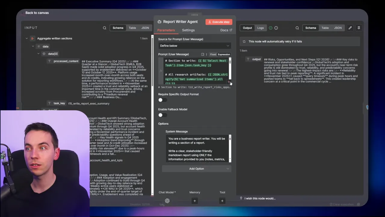 n8n Report Writer Agent panel showing the writer prompt, options, and generated output in the right pane, with the workflow canvas and presenter inset.