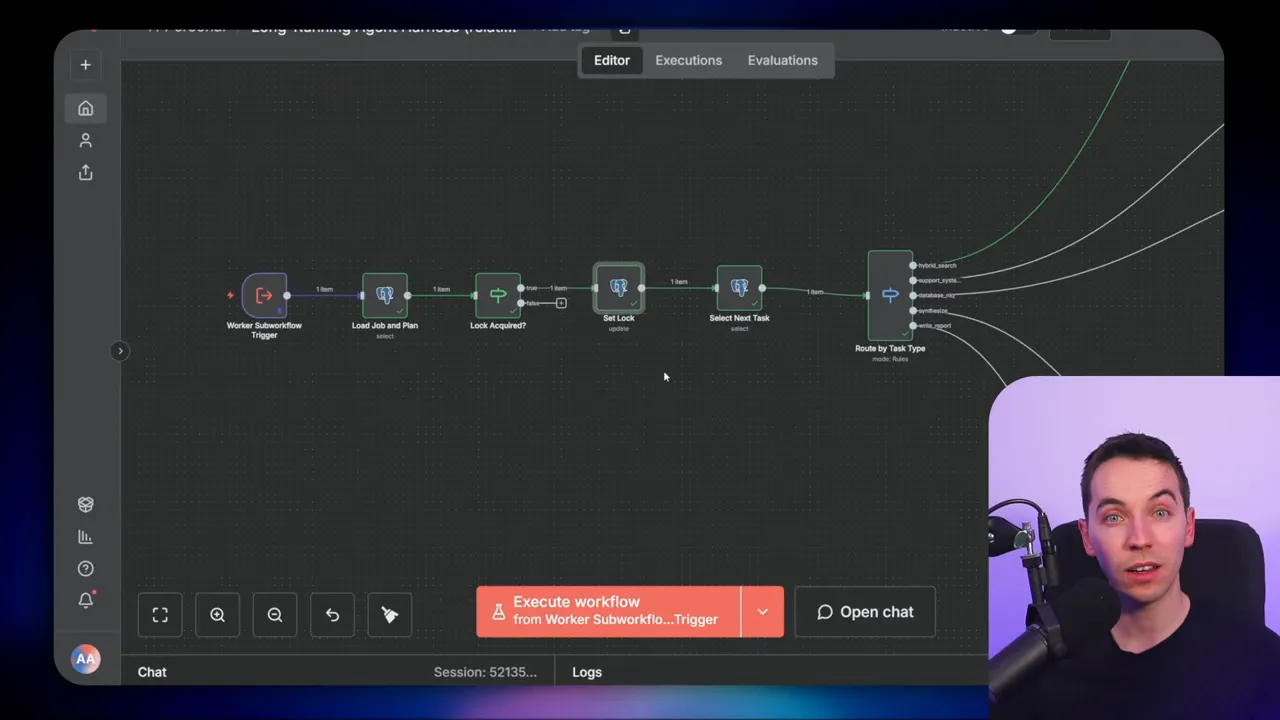 wide workflow screenshot showing the worker pipeline and a Route by Task Type node with multiple retrieval routes