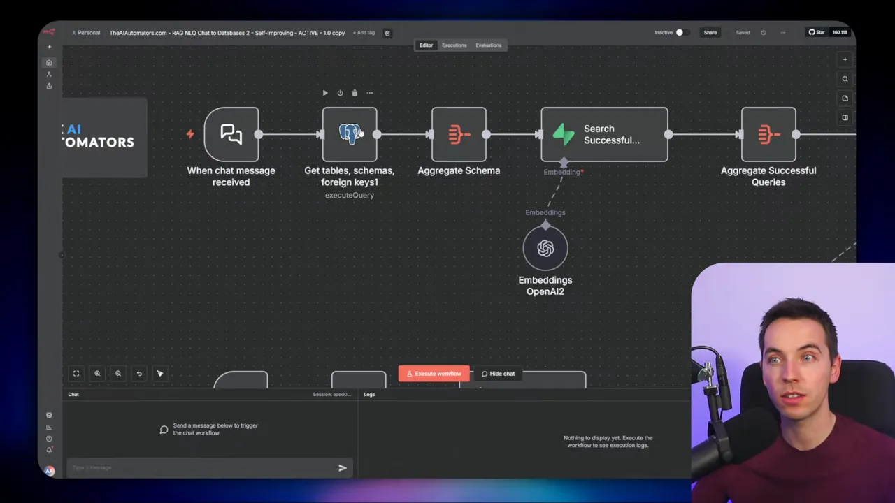 Close-up workflow editor showing nodes 'When chat message received', 'Get tables, schemas, foreign keys1', 'Aggregate Schema', and 'Search Successful' with a small presenter inset.