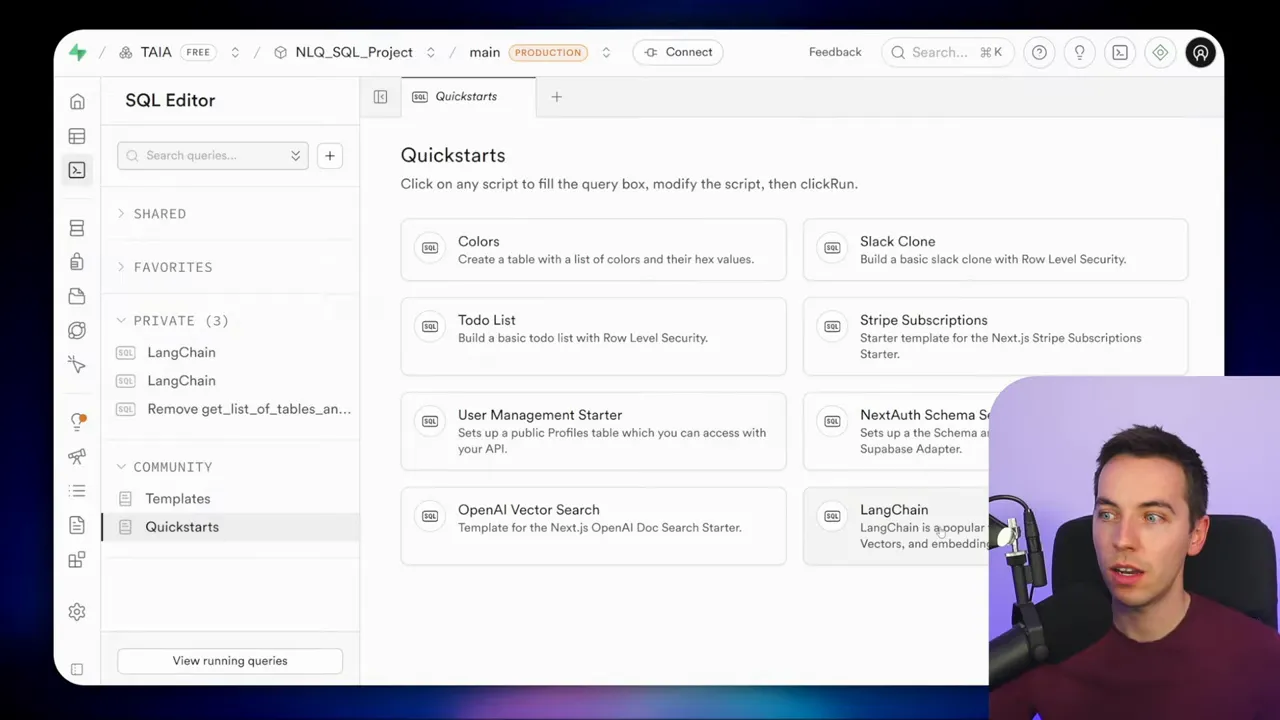 Supabase SQL Editor Quickstarts screen listing sample scripts such as Colors, Todo List, OpenAI Vector Search and LangChain; presenter inset in lower-right.