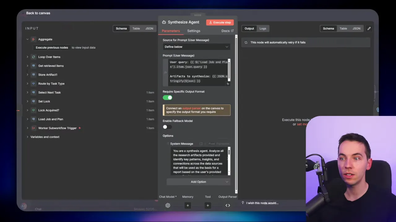 n8n 'Synthesize Agent' node parameters showing the prompt, artifacts-to-synthesize field, and output parser/settings for producing summaries.