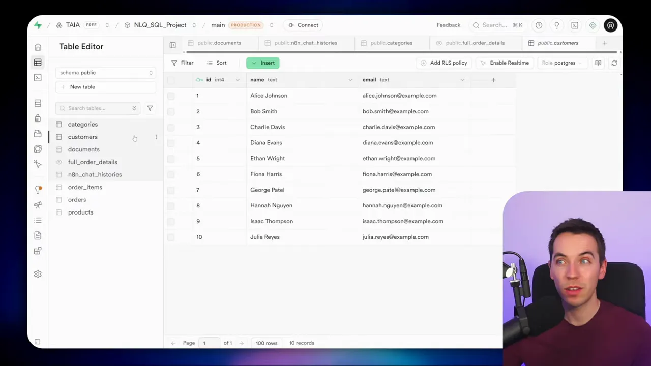 Wide view of a database table editor showing customer rows and the schema list (order_items, orders, products, customers, categories) with the presenter inset in the lower-right.