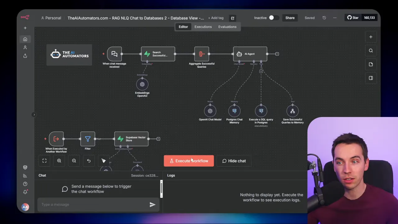 n8n-style workflow canvas showing nodes for schema discovery, vector store and AI agent with the chat panel area visible and a presenter inset in the corner.