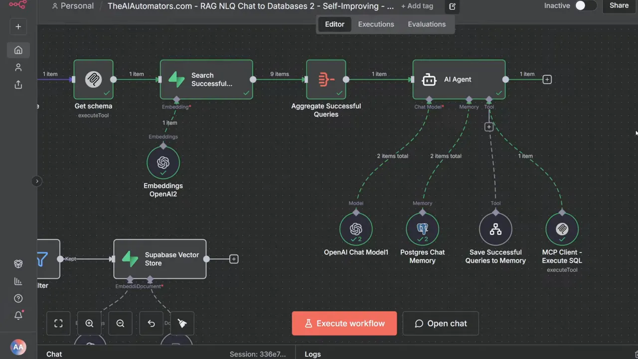 n8n-style workflow canvas with nodes labeled Get schema, Search Successful, Supabase Vector Store, AI Agent and an Execute workflow button