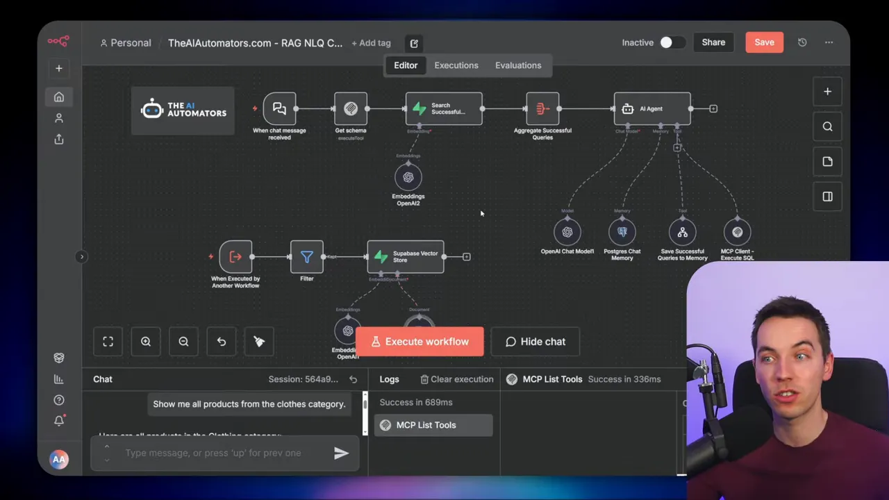 Workflow canvas focused on Supabase Vector Store and the Execute workflow control with presenter inset.