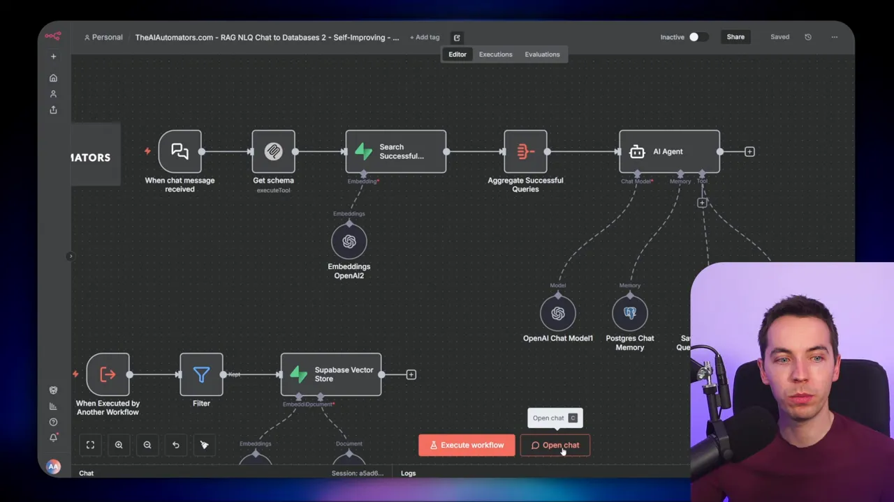 Zoomed workflow editor screenshot showing nodes 'Get schema', 'Search Successful...', 'Aggregate Successful Queries', and 'AI Agent' with presenter overlay.