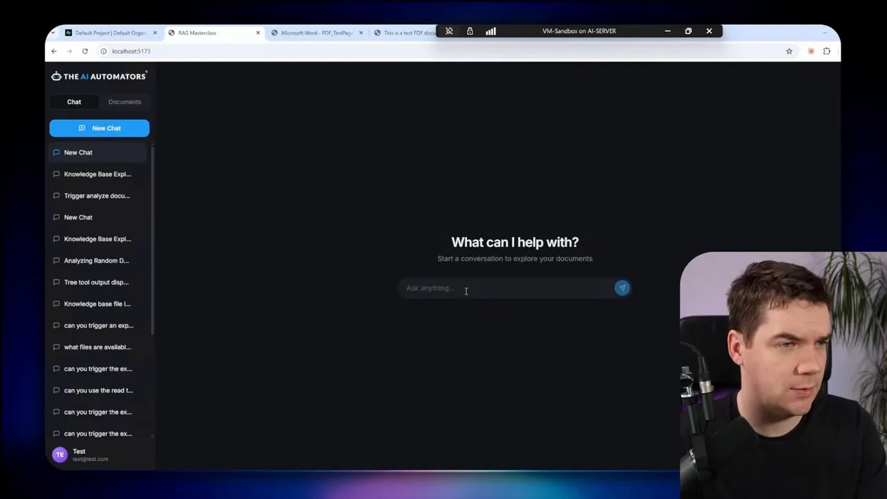 Knowledge-agent chat interface with an empty prompt, left conversation list, and a small presenter video overlay in the corner.
