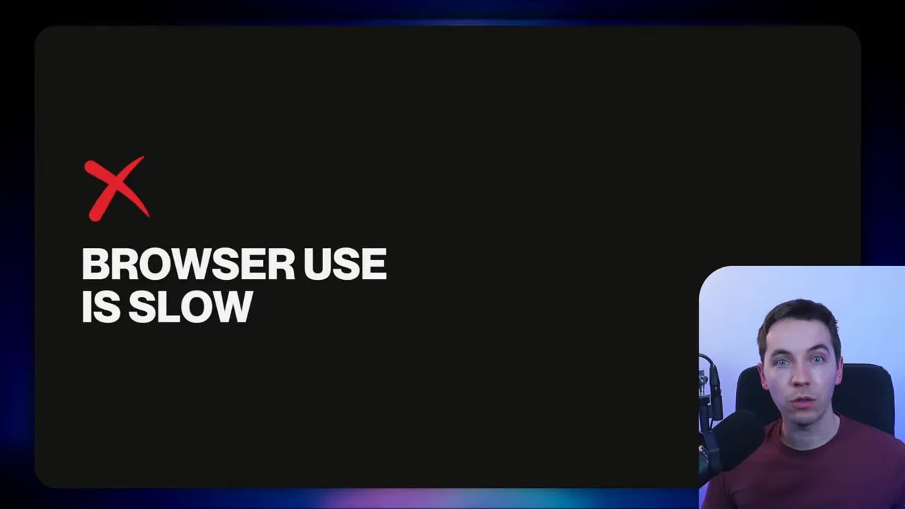 Clear slide reading 'BROWSER USE IS SLOW' on the left with the presenter visible in a small inset on the right