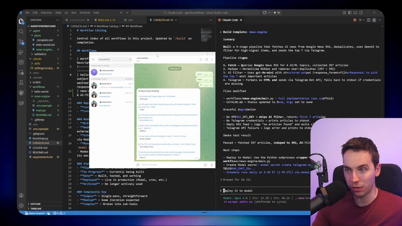 Clear screenshot of Visual Studio Code with CATALOG.md open, main script and terminal logs visible, and a Telegram news preview window centered.