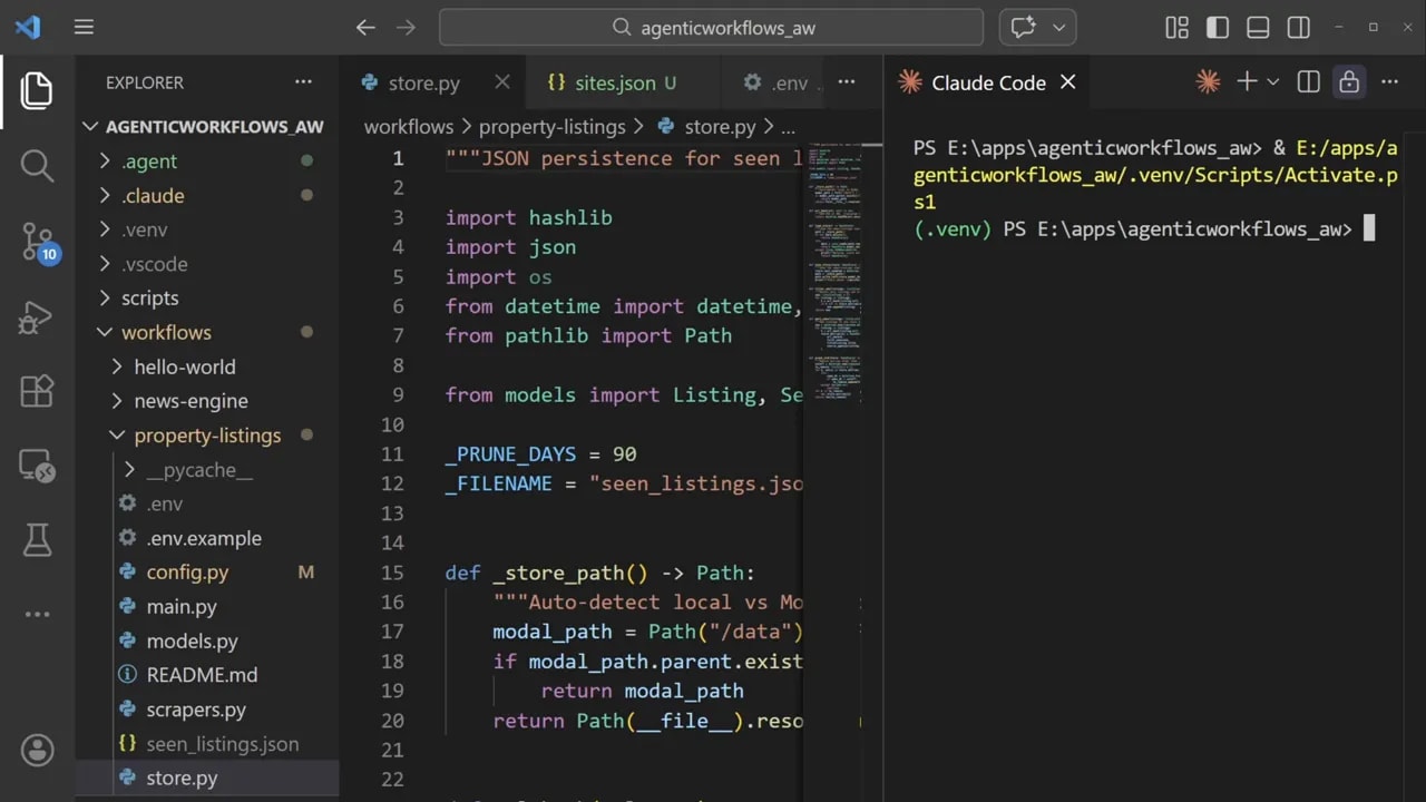 Split-screen developer environment with Visual Studio Code showing Python files on the left and a terminal window on the right.