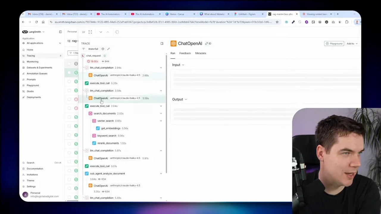 LangSmith trace view with collapsed entries in the waterfall and presenter inset in the corner