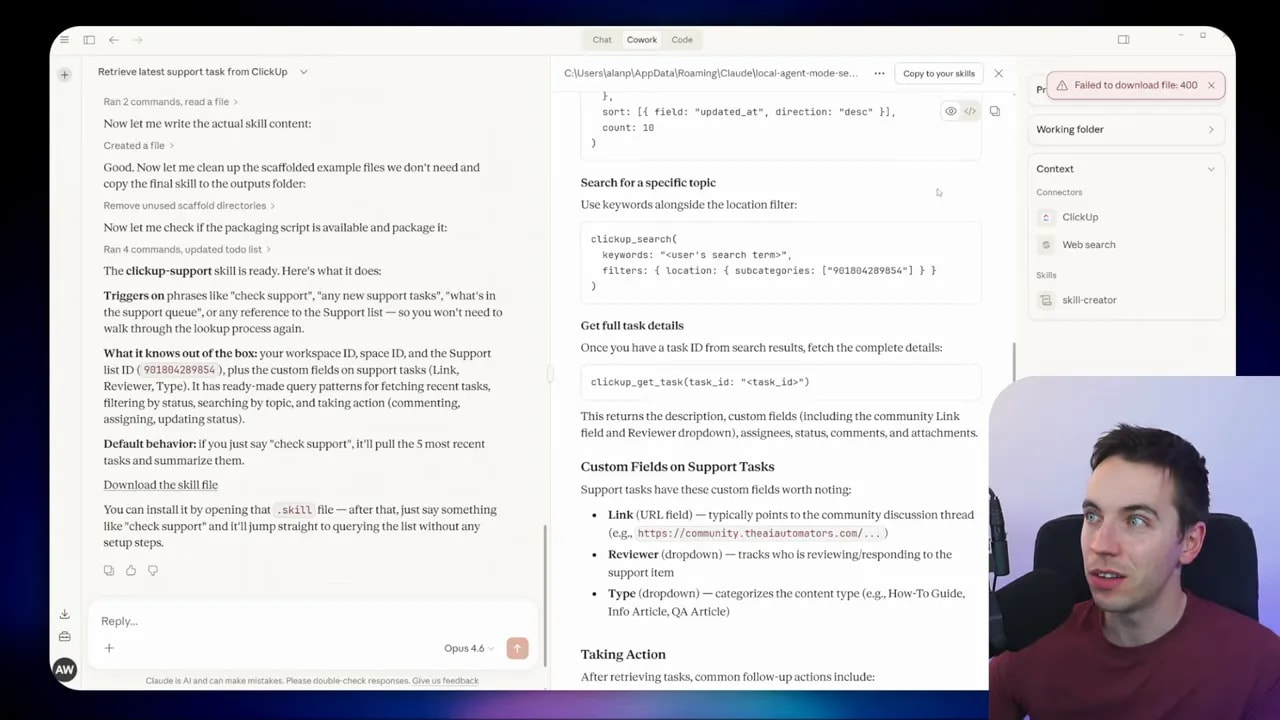 Co‑work UI showing a skill document and a visible error banner reading 'Failed to download file: 400', plus the connectors/skills sidebar and a presenter inset.