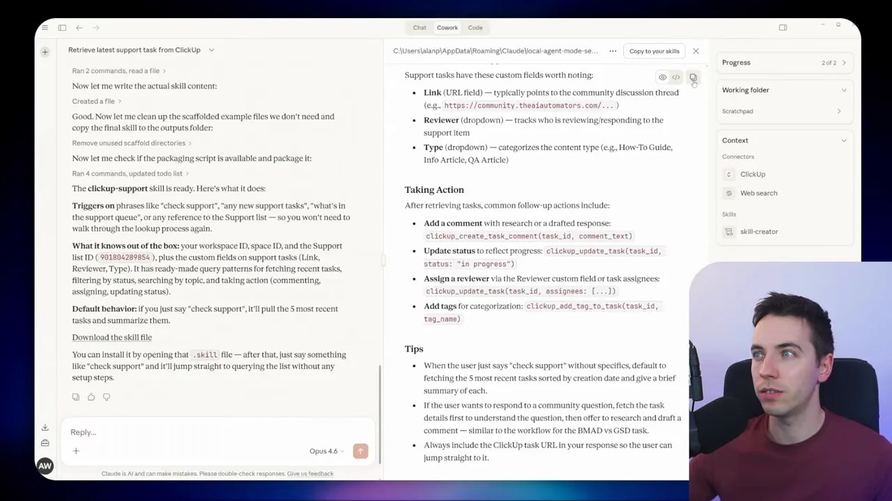 Co‑work screen showing skill instructions including a 'Taking Action' list and a right-side context panel listing connectors (ClickUp, Web search) with a presenter inset.