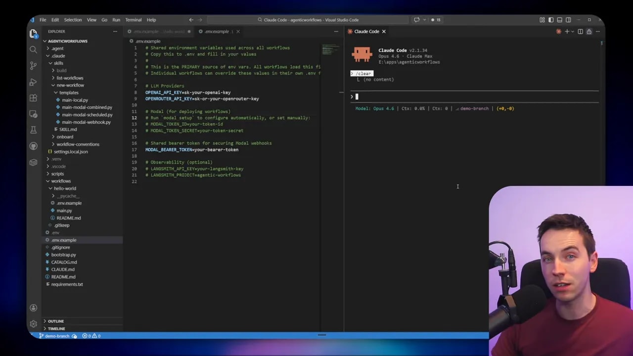 Clear VS Code screenshot showing an env.example file with commented environment variables and a Claude Code pane; presenter appears in the lower-right overlay.