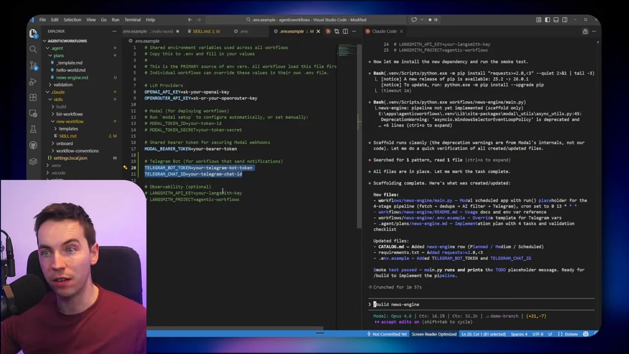 Editor view of env.example with Telegram bot token and chat id placeholders, presenter inset