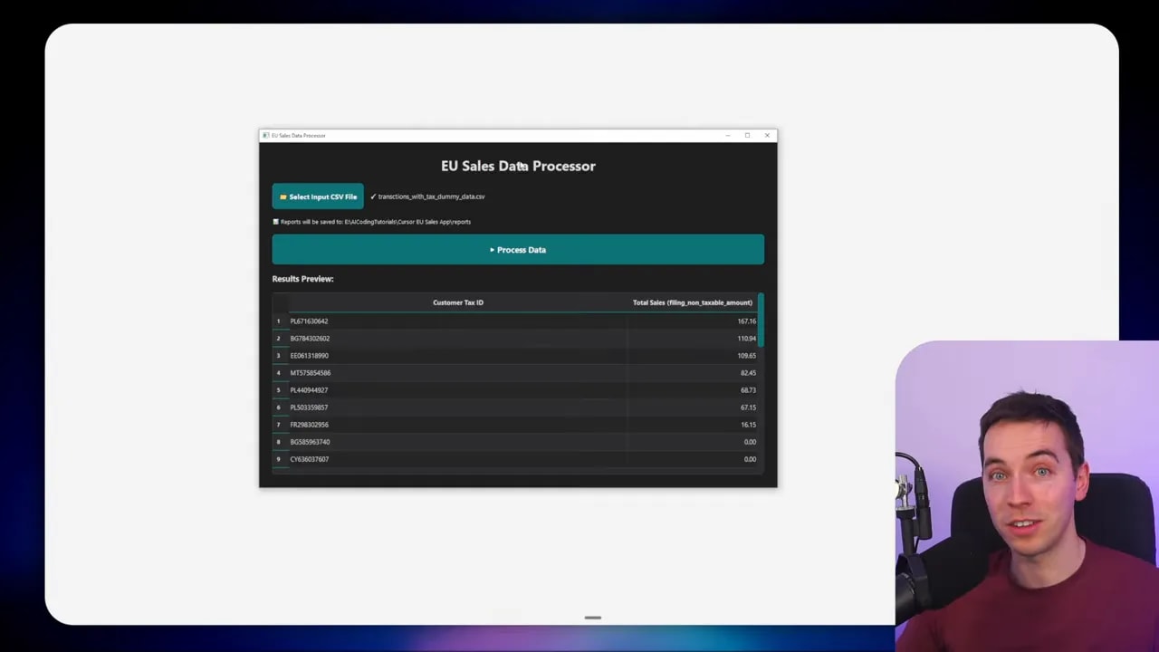 EU Sales Data Processor app window with 'Select Input CSV File', 'Process Data' button and a summarized results table visible; presenter inset at bottom-right.