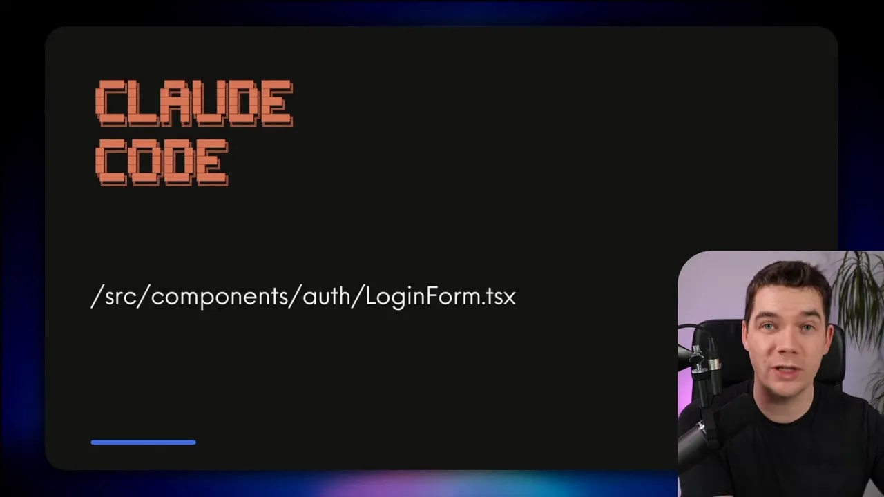 Presentation slide showing '/src/components/auth/LoginForm.tsx' and a small presenter window in the corner