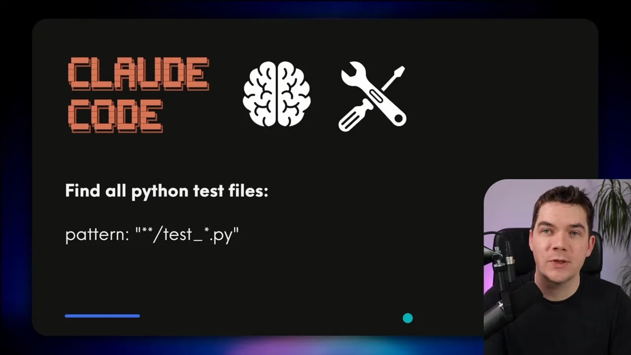 Presentation slide with the example glob pattern **/test_*.py and a presenter inset — demonstrates how to find Python test files by pattern.