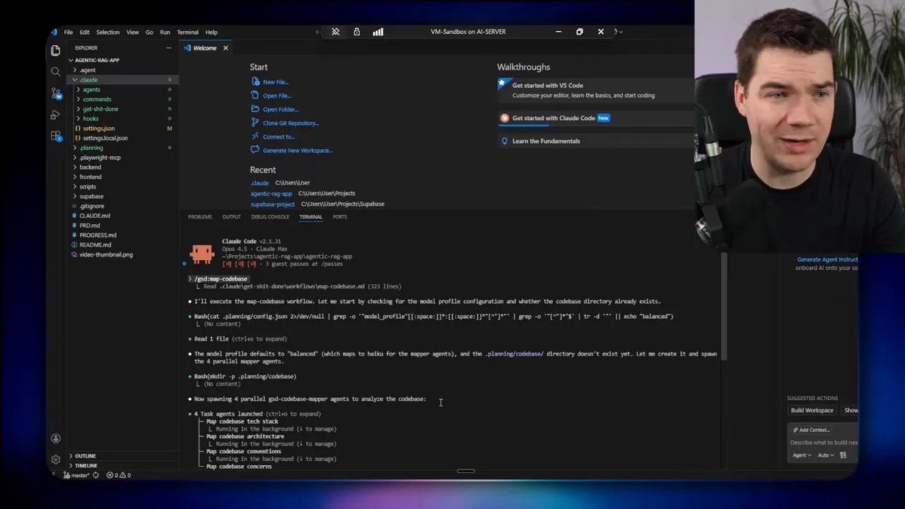 Clear VS Code screenshot showing file explorer on the left, terminal output about map-codebase workflow in the center, and presenter inset at the right
