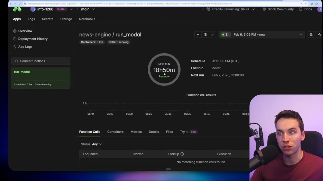 Modal run_modal schedule page showing next run countdown, schedule details and function calls graph; presenter overlay in lower-right.