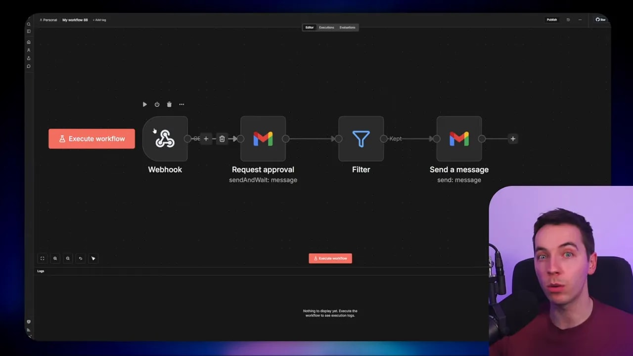 Full n8n editor view with nodes for Webhook, Request approval, Filter and Send a message across the canvas and a presenter video inset at the bottom-right.