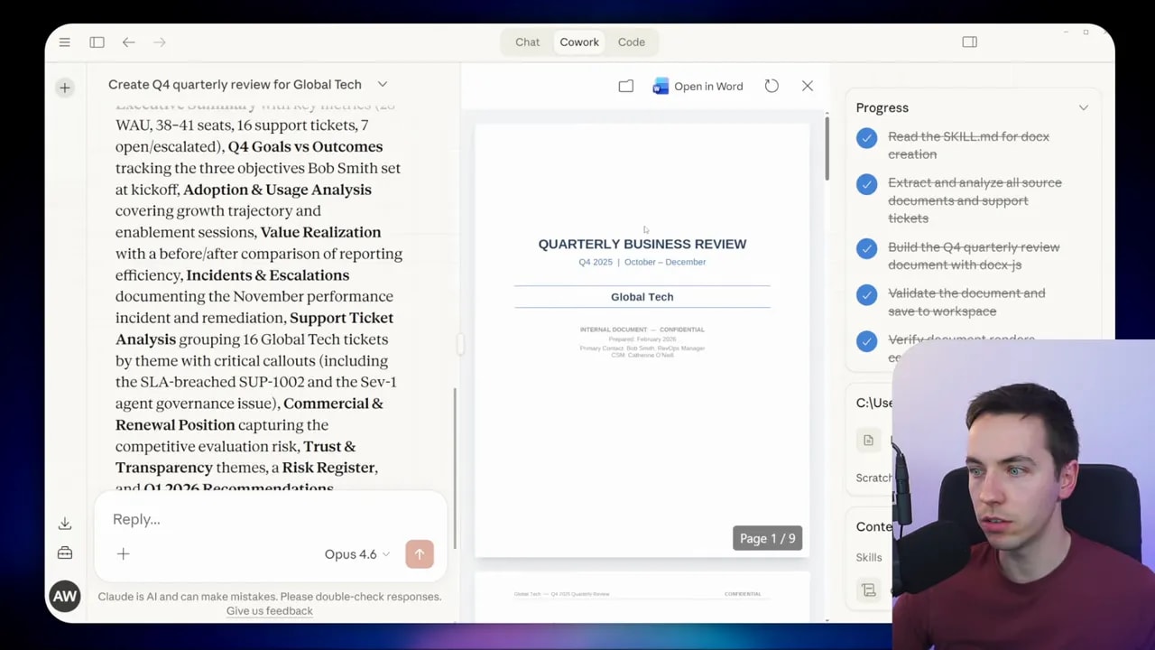 Co‑work workspace showing a center preview of a 'QUARTERLY BUSINESS REVIEW' cover page (page 1/9), a task progress checklist on the right, and a presenter inset.