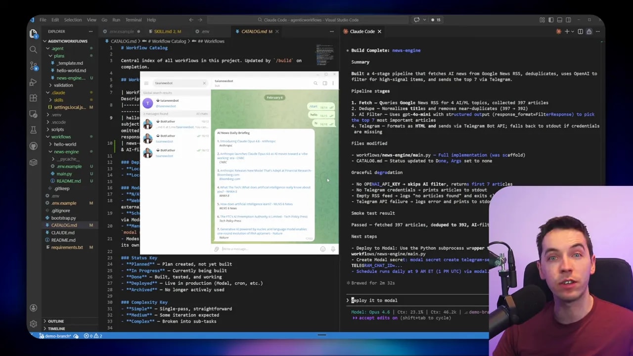 VS Code window showing a Telegram chat preview in the editor, a Claude Code console with 'Build Complete: news-engine' and a smoke test summary; presenter overlay in the lower-right.