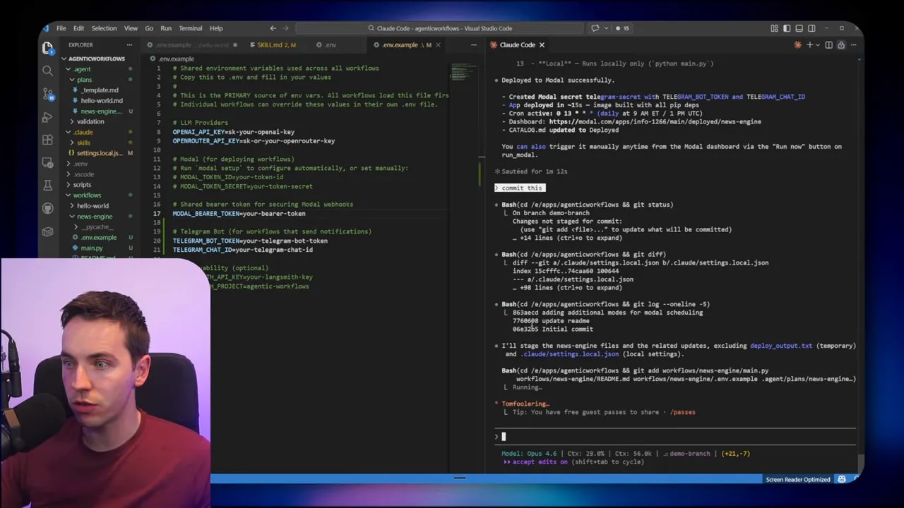 VS Code window displaying env.example file and a Claude Code pane with git commit commands and logs; presenter inset in the corner.
