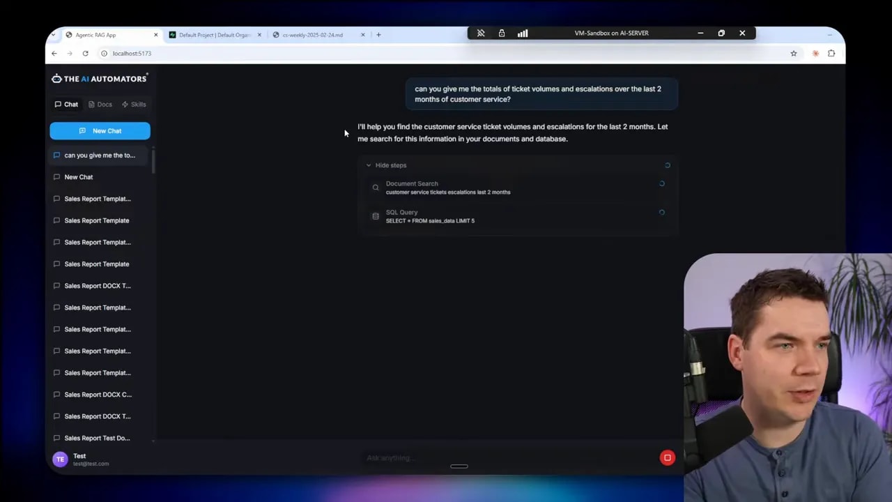 Chat interface displaying the agent's response and a collapsed 'Hide steps' panel listing 'Document Search' and 'SQL Query', with a presenter overlay.