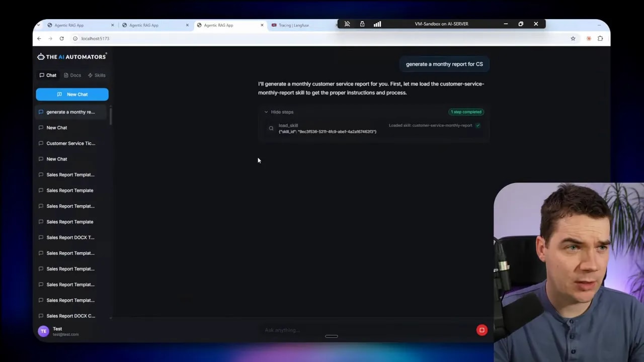 Chat interface that displays a message about loading the customer-service-monthly-report skill, with a list of documents on the left and the presenter's webcam overlay in the bottom-right.