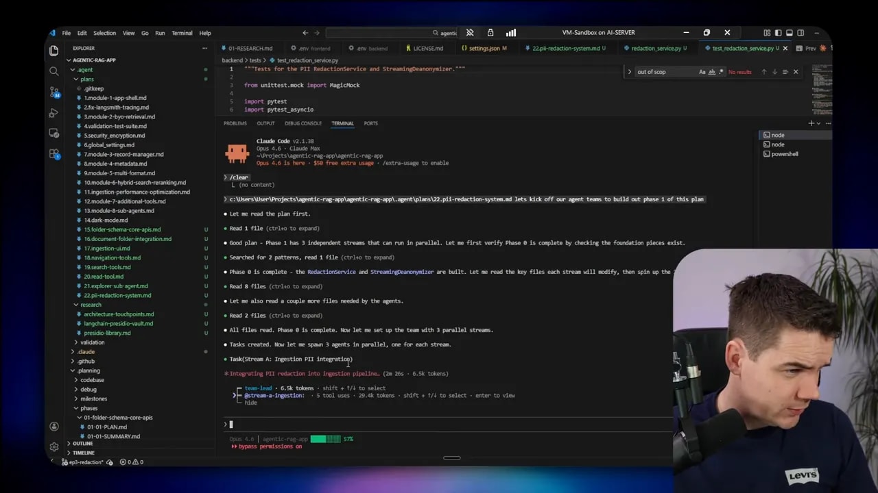 Dark terminal showing agent task list and a progress bar, presenter inset at the bottom-right.