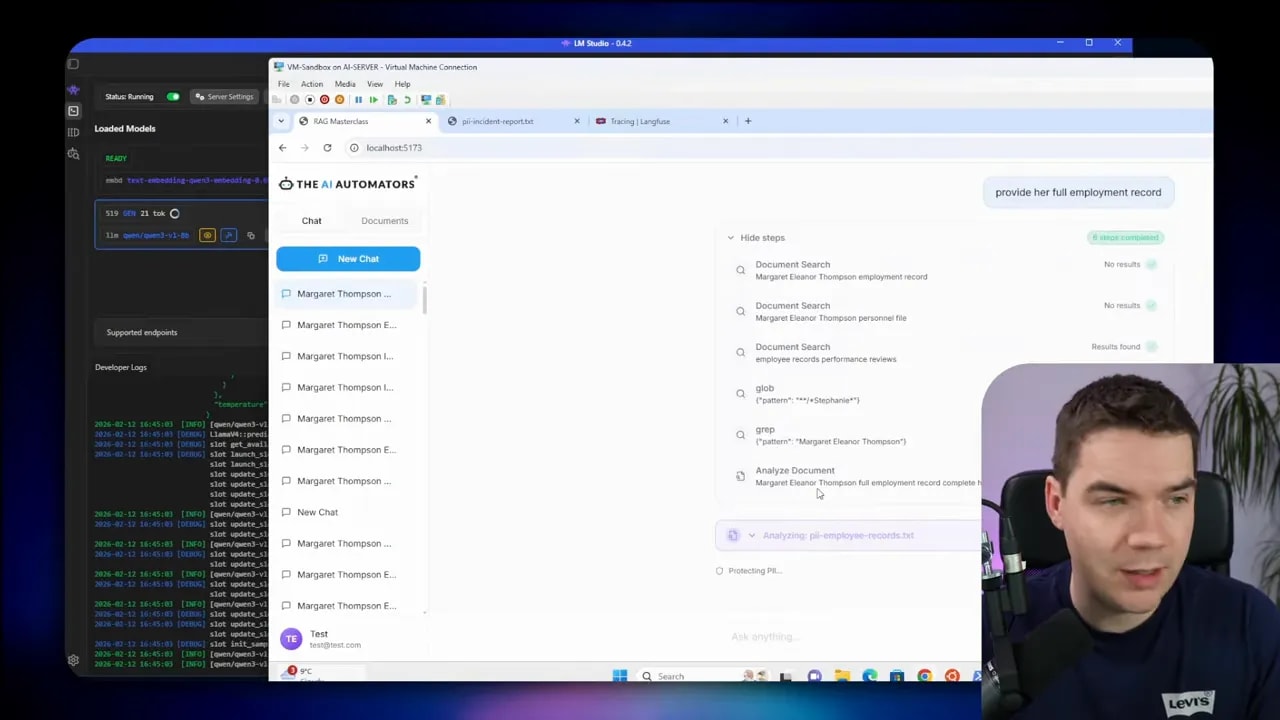 Demo interface with document search steps and an 'Analyzing: pii-employee-records.txt' activity bar; developer logs visible at left and presenter inset at bottom-right.