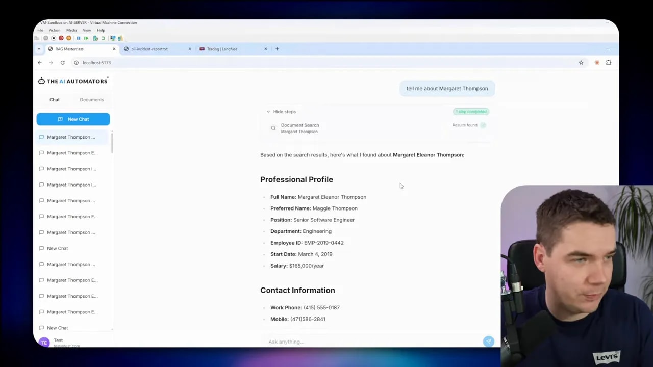 Chat UI with a visible 'Professional Profile' and 'Contact Information' list; presenter's inset at the right edge not obscuring the content.
