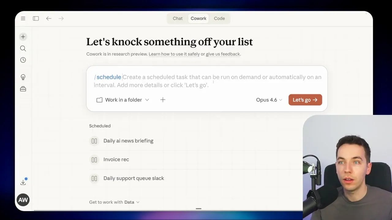 Claude Cowork interface with a prominent '/schedule' prompt, model selection (Opus 4.6) and a short list of scheduled tasks