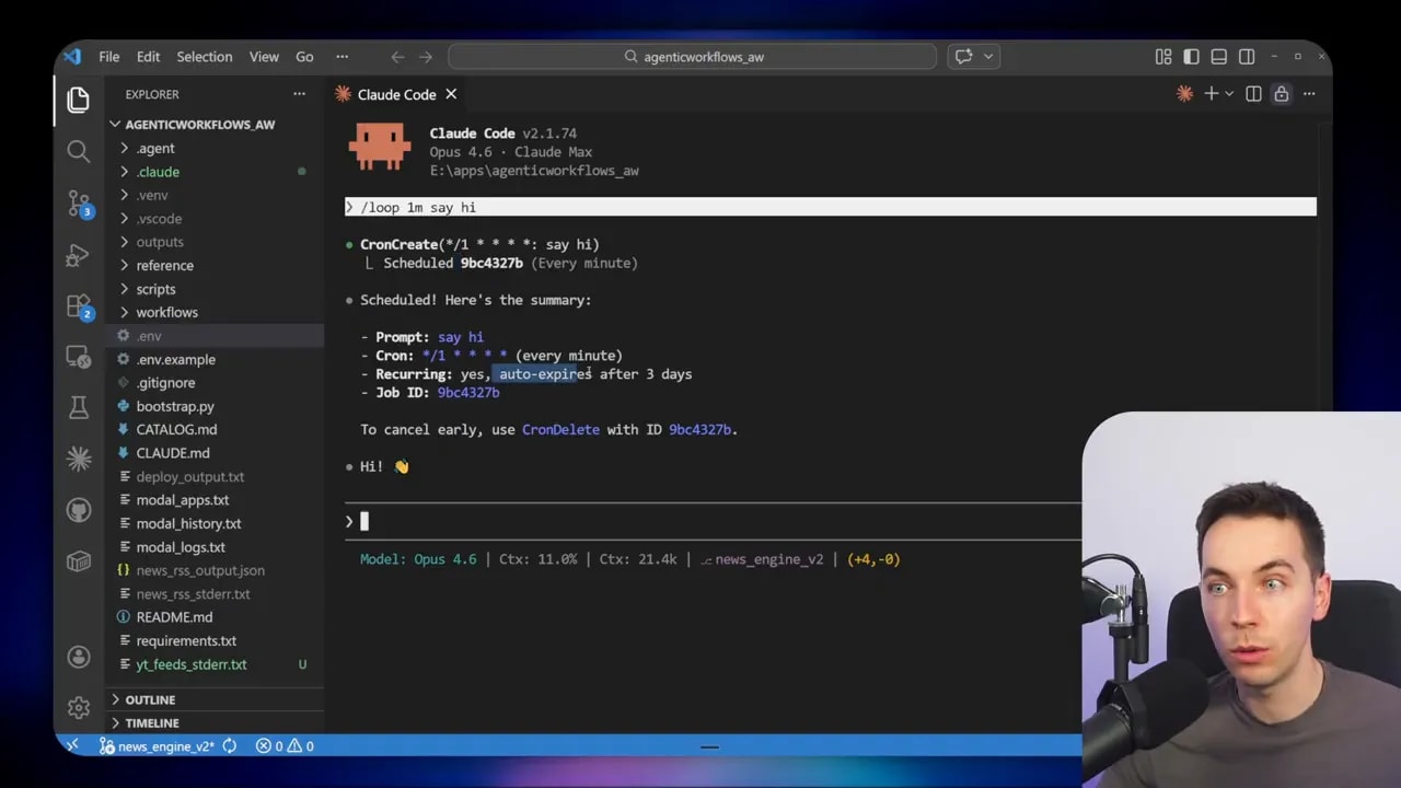 Cloud Code terminal showing scheduled task summary with 'Recurring: yes, auto-expires after 3 days' and job ID