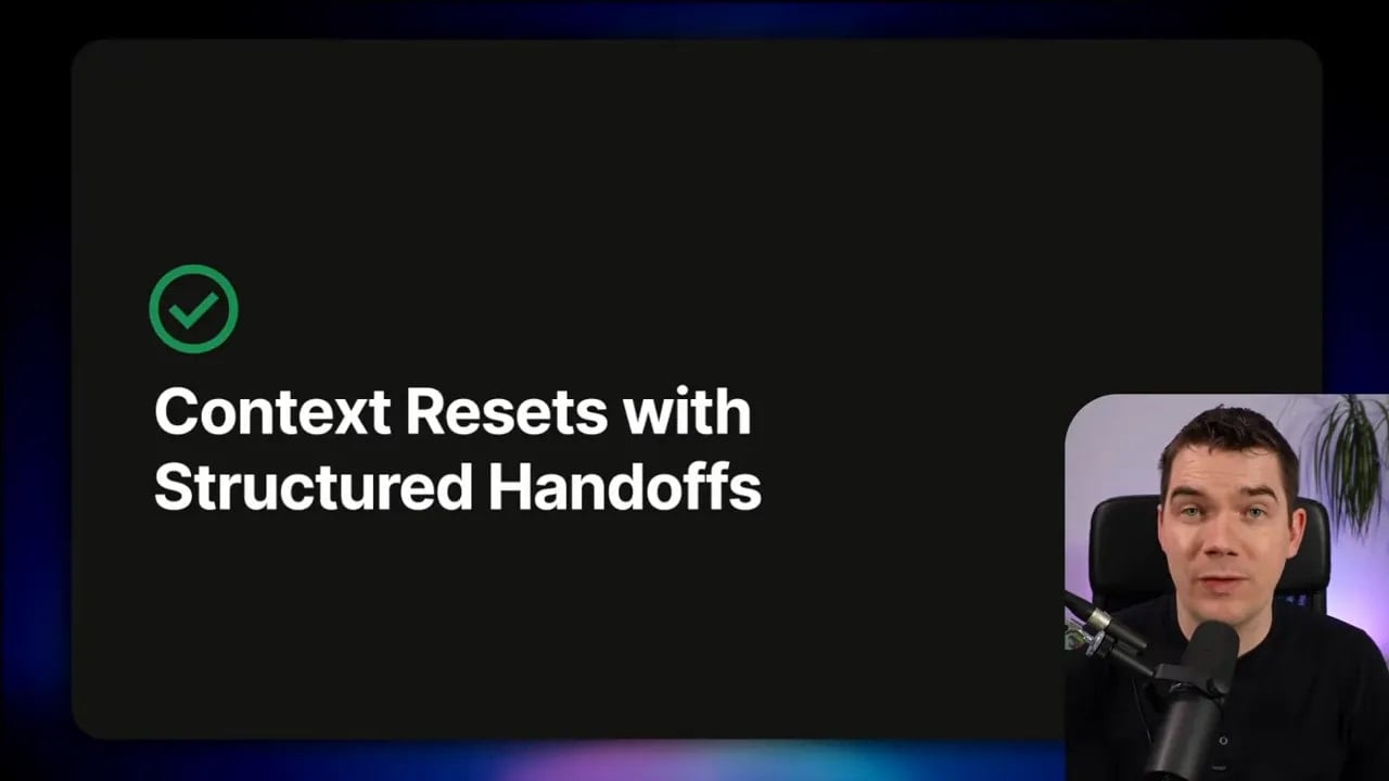Slide about context resets with structured handoffs to prevent premature closure