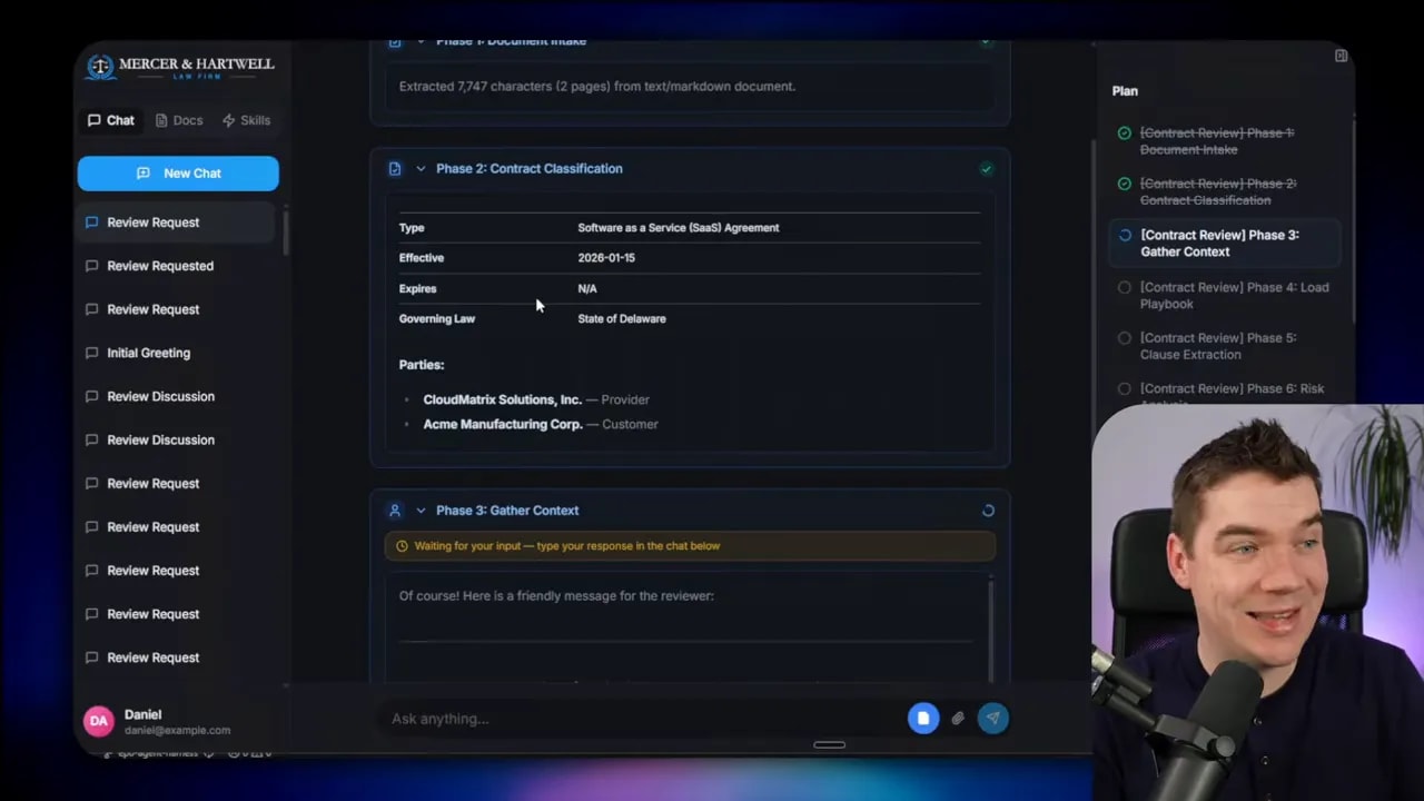 Contract review harness UI showing Phase 2: Contract Classification with structured agreement fields (type, effective date, governing law, parties).