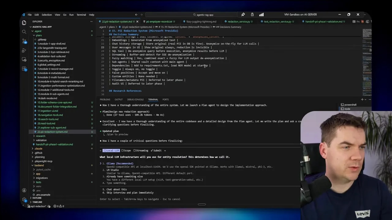 VS Code window with a document titled 'pii-redaction-system' showing notes about entity resolution and a highlighted 'Local LLM' option; presenter's inset at right.