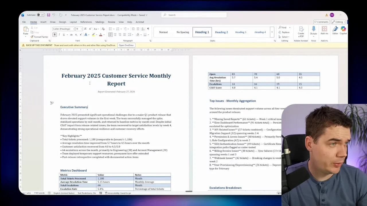 Clear two-page Word document titled 'February 2025 Customer Service Monthly Report' with tables and summary text visible and a small presenter inset at the right.