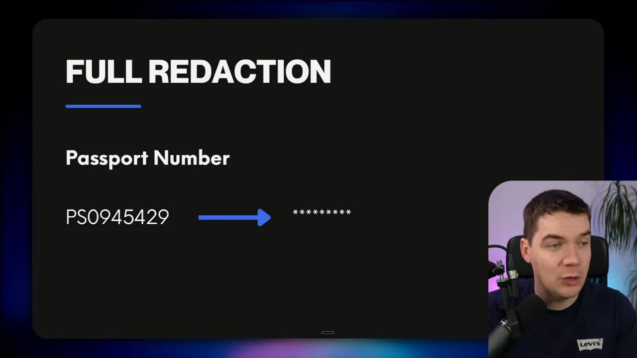 Slide reading FULL REDACTION, 'Passport Number' with PS0945429 converted to ********, presenter inset at bottom right.