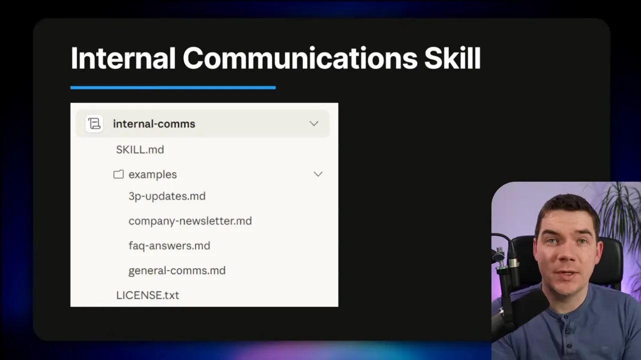 Presentation slide titled 'Internal Communications Skill' with a folder listing that includes SKILL.md, examples (3p-updates.md, company-newsletter.md, faq-answers.md, general-comms.md) and a small presenter inset in the lower-right.