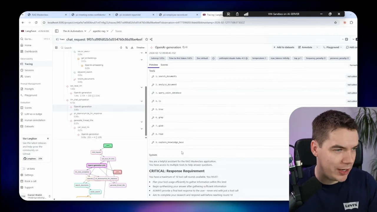 Langfuse tracing UI with request timeline, execution graph and presenter video inset at bottom-right.