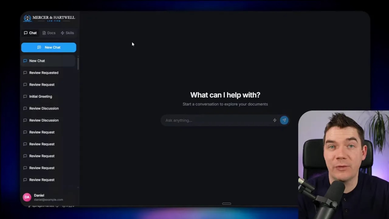 Screenshot of a law firm chat interface with 'What can I help with?' prompt