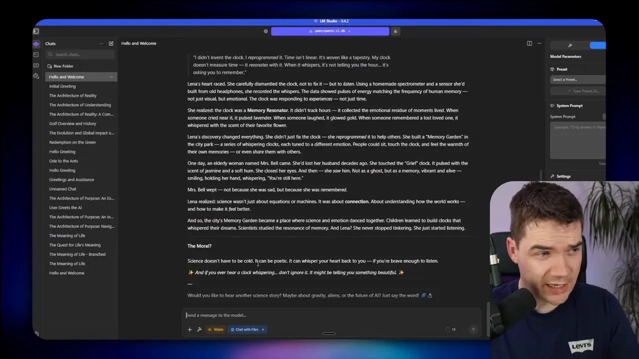 LM Studio chat window displaying generated text from a local model with the presenter visible in an inset video at the bottom-right.