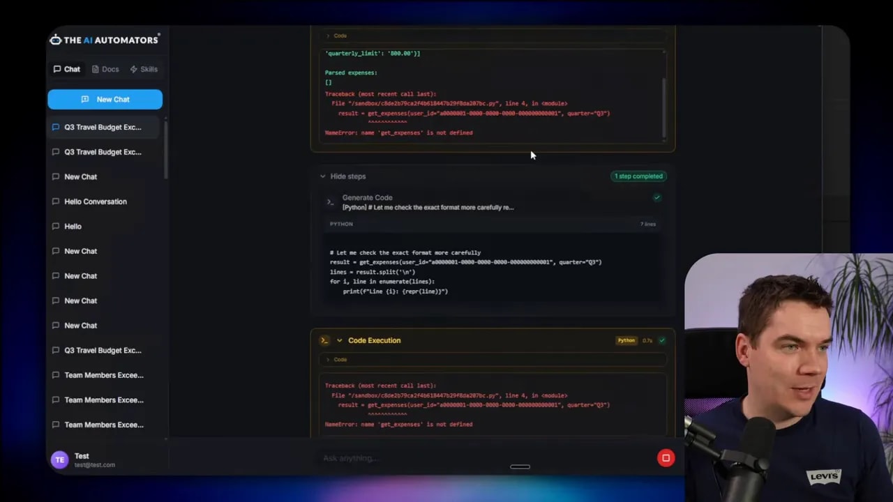 Close-up of the code execution panel displaying a Python traceback 'NameError: name get_expenses is not defined' and the generated code being debugged.