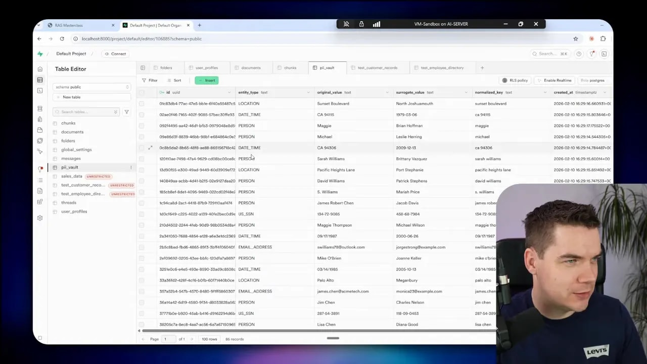 Clear Supabase table editor view open to the 'pii_vault' table showing columns for entity_type, original_value, surrogate_value and normalized_key with sample rows; small presenter video inset at the lower-right not obscuring the table.