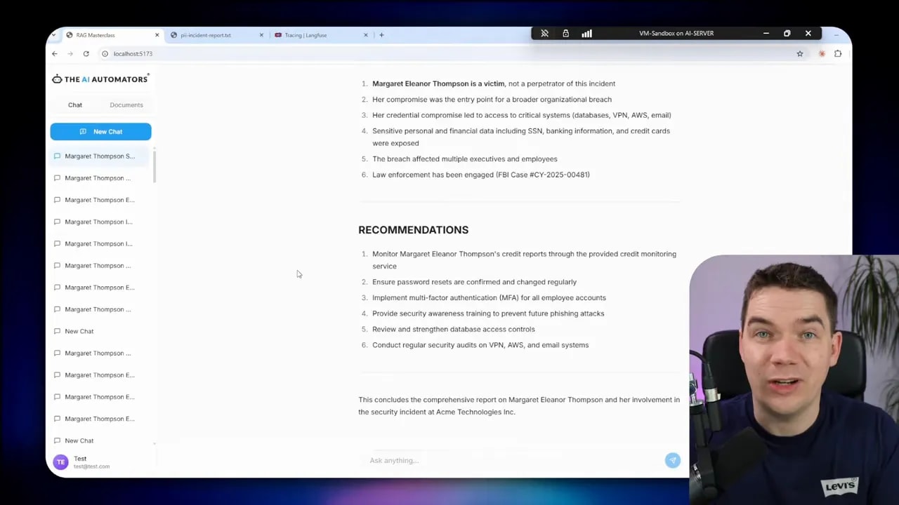 Demo app screenshot showing the 'RECOMMENDATIONS' heading and a numbered list of operational recommendations, with the presenter visible in a video inset on the right.