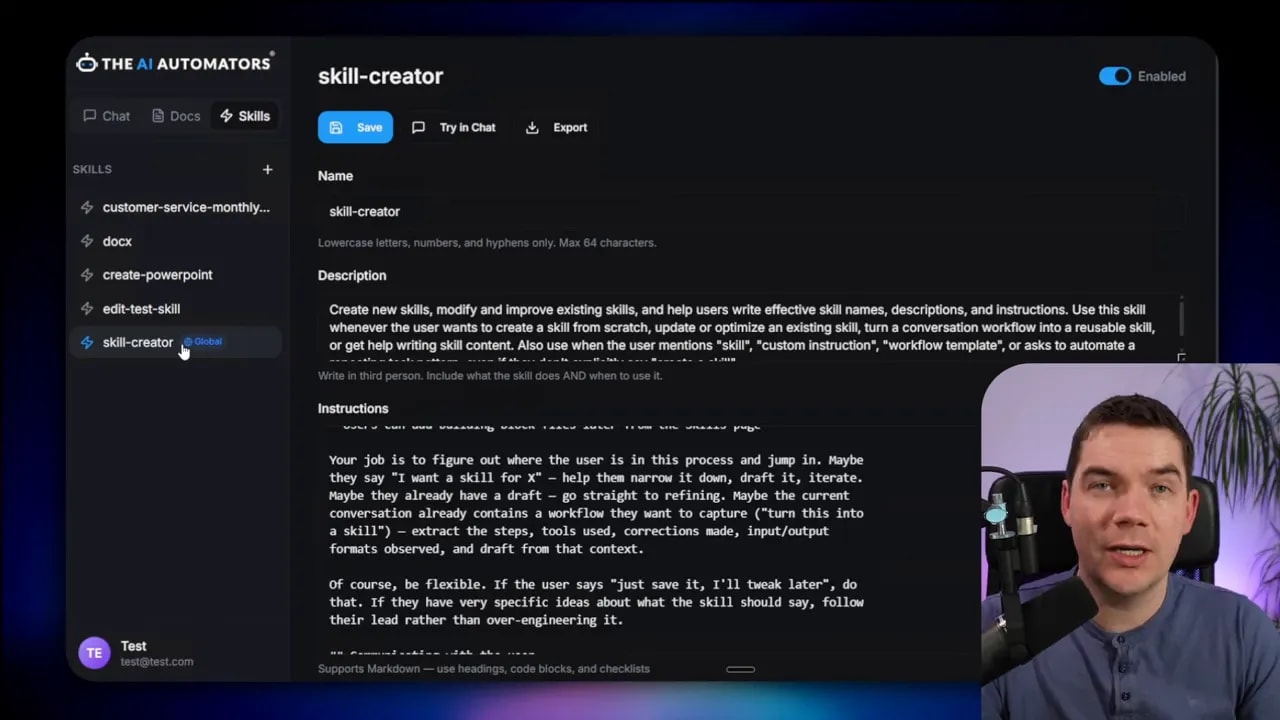 Agent skill-creator editor with 'skill-creator' selected, showing description and instructions text in the main pane and the skills list in the sidebar.