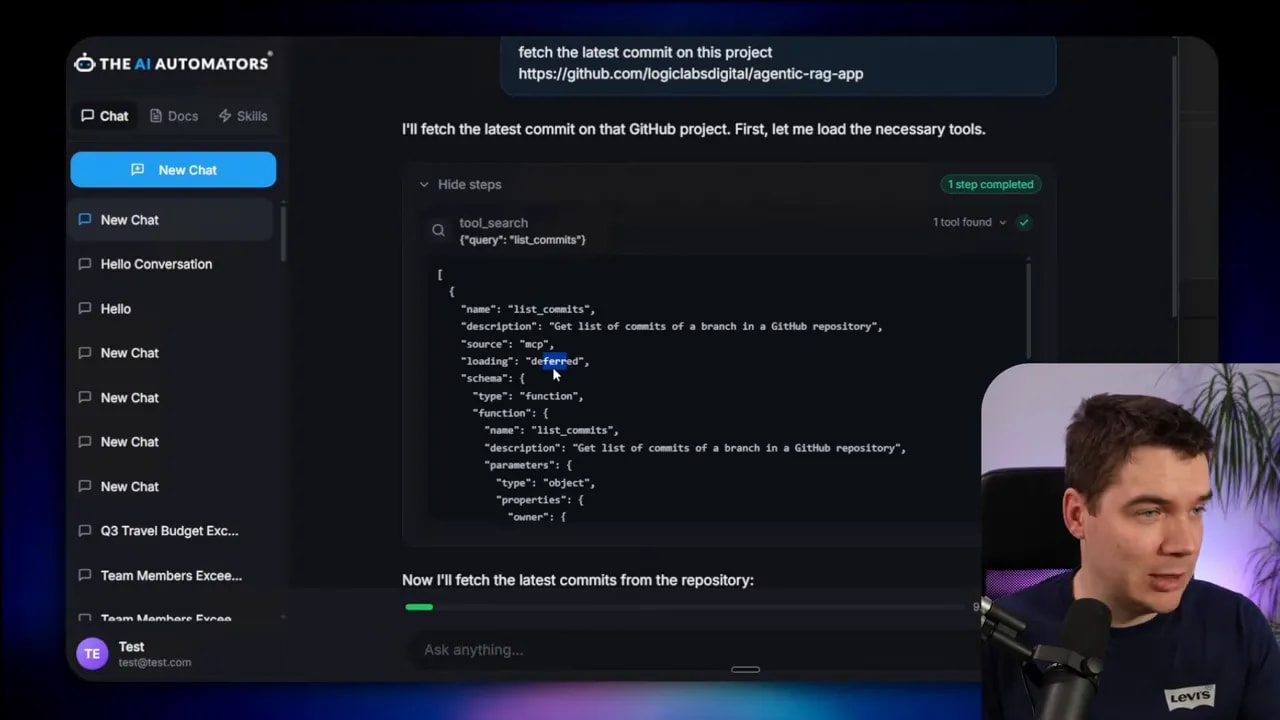 Tool search result showing the list_commits schema with the loading field set to 'deferred' highlighted.