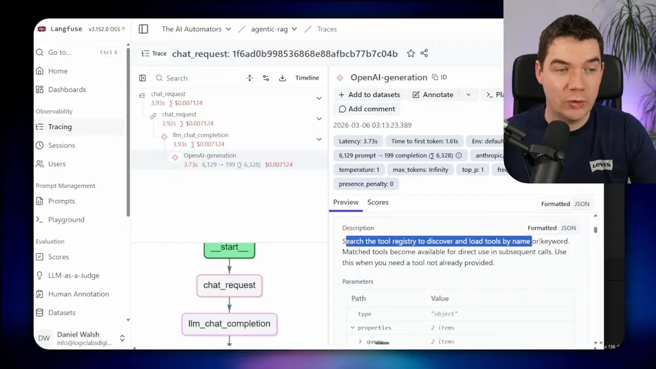 Close-up of the tool registry preview with the description 'Search the tool registry to discover and load tools by name or keyword' highlighted and a trace flowchart visible; presenter overlay in the corner.